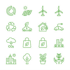 Ecology icons set with eco friendly symbols including tree leaf recycling earth house car water plant and globe