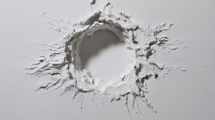 A circular hole punched through a white wall with radiating cracks and torn edges,