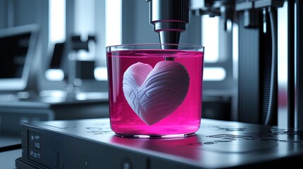 A 3D-printed heart suspended in a pink liquid within a transparent container