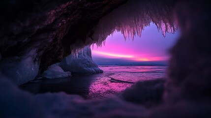 Ice cave sunset, lake view, winter scene, nature backdrop