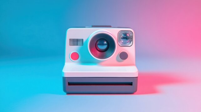 A vintage instant camera with sleek design features buttons dials shutter flash viewfinder and self timer window connect