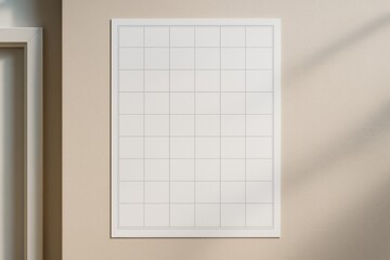 Obraz na płótnie Canvas Minimalist blank calendar poster mockup hanging on beige wall with soft shadows, clean grid layout design template for creative planning concepts. Ai generative