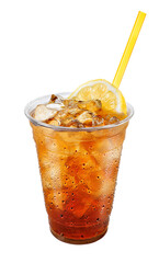 Iced tea in fogged disposable plastic cup with wedge of lemon and straw isolated on white background
