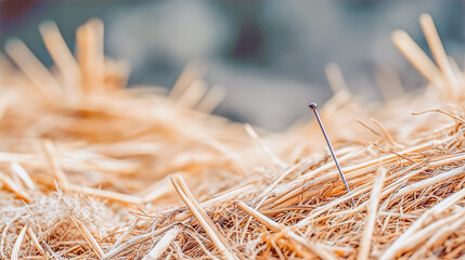 Finding a needle in a haystack with a close-up view of straw and metal pin during bright daylight