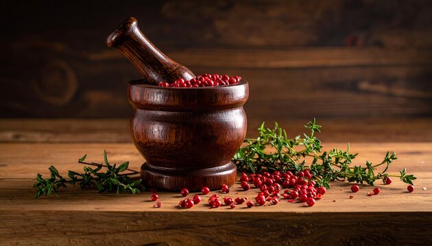 Wooden mortar and pestle with red peppercorns