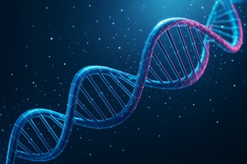 Glowing digital DNA double helix structure in blue and pink on dark background with floating particles and light effects, scientific concept.