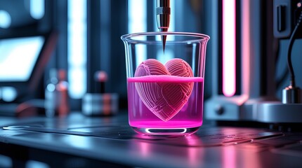 A 3D-printed heart suspended in a pink liquid within a transparent container