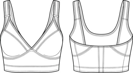Women's sports bra sketch, technical fashion illustration, activewear design, front and back view, V-neck, scoop back, garment template, vector