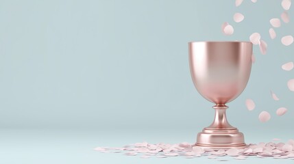 Elegant rose gold trophy cup surrounded by scattered pink flower petals on a soft blue background, symbolizing achievement and celebration in a serene atmosphere