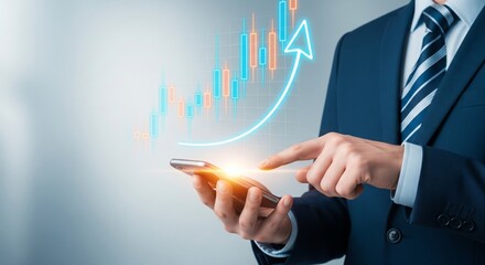 Businessman using smartphone with large glowing financial chart and rising arrow symbolizing stock market growth, fintech investment