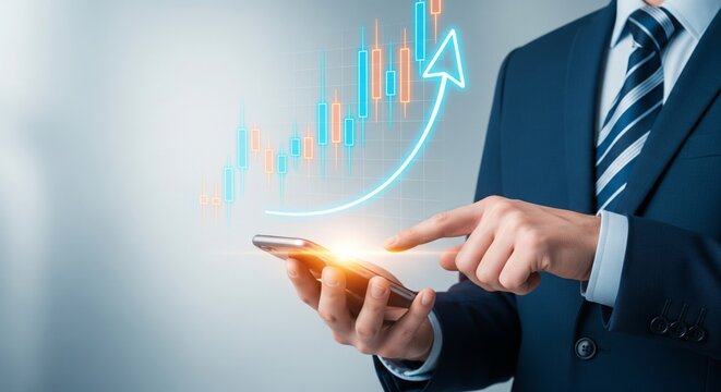 Businessman using smartphone with large glowing financial chart and rising arrow symbolizing stock market growth, fintech investment - Powered by Adobe