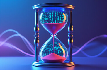 Hourglass with Binary Code and Pink Sand in Neon Blue and Purple Light sand timer