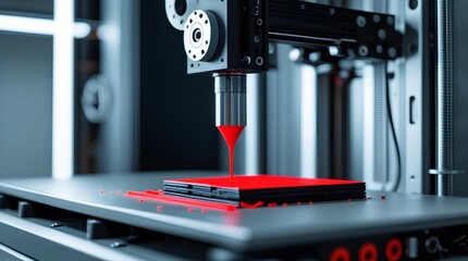 A close-up view of a 3D printer depositing red material onto a surface