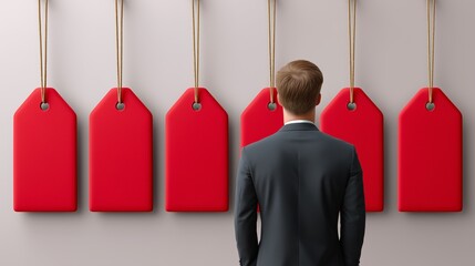A businessman contemplates several red price tags hanging on a wall, symbolizing decision-making in a sales or marketing context.