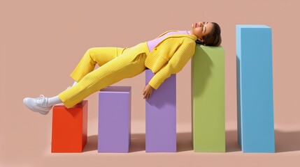 A playful scene of a person in a colorful outfit lounging on vibrant geometric shapes, conveying a fun and relaxed vibe.