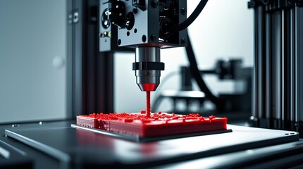 A close-up view of a 3D printer depositing red material onto a surface