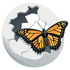 Monarch butterfly emerging from a cracked eggshell.