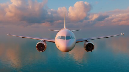 A front view of an airplane flying over calm waters, with a backdrop of soft clouds reflecting the light.