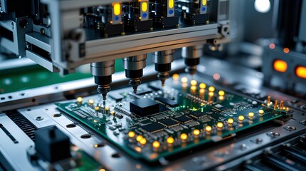 A close-up of an automated machine placing components on a circuit board