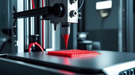 A close-up view of a 3D printer depositing red material onto a surface