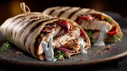 Delicious grilled chicken wraps with fresh vegetables and creamy sauce, perfect for a healthy and satisfying meal or a quick takeaway lunch