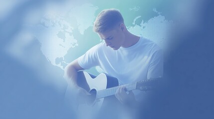 Young man playing acoustic guitar, immersed in music, with a digital world map in the background, creating a serene and artistic atmosphere for creative expression