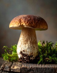 Single mushroom on rustic wood