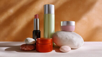 A serene arrangement of cosmetics and stones, highlighting beauty products against a warm, textured background.