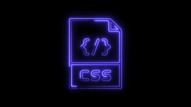 Glowing neon css file icon on black background for software and web development concepts