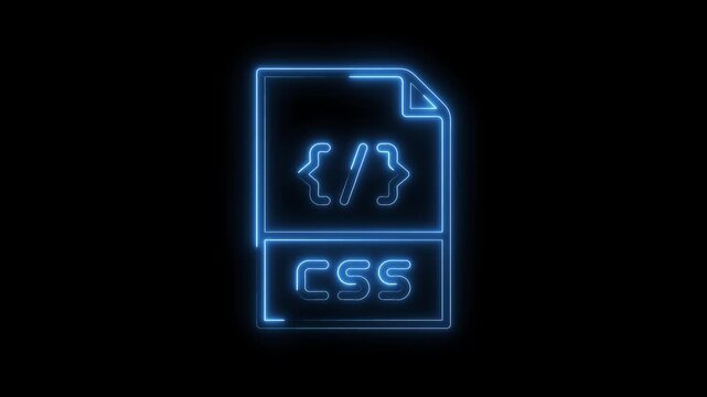Glowing neon css file icon on black background for web design development