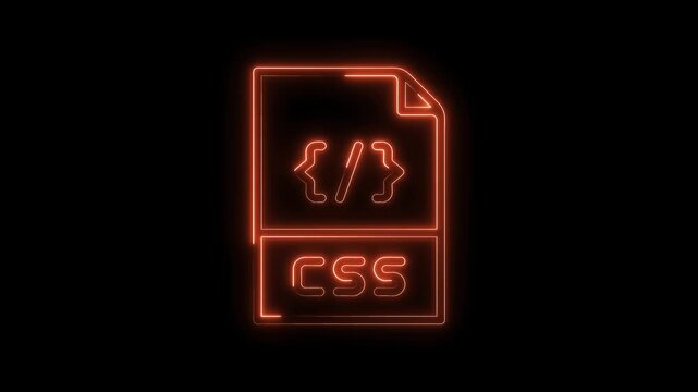 Neon css file icon animation on black background for web development and design