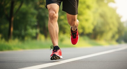Fototapeta premium Close-up of Male Runner’s Legs with Red Running Shoes on Outdoor Road