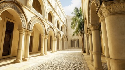 Ancient Oasis Courtyard: Sun-Drenched Architecture and Palm Tree Serenity