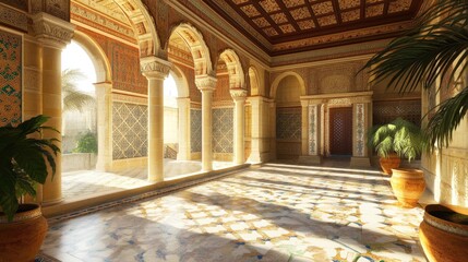 Sunlit Arabian Palace Courtyard: Architectural Marvel