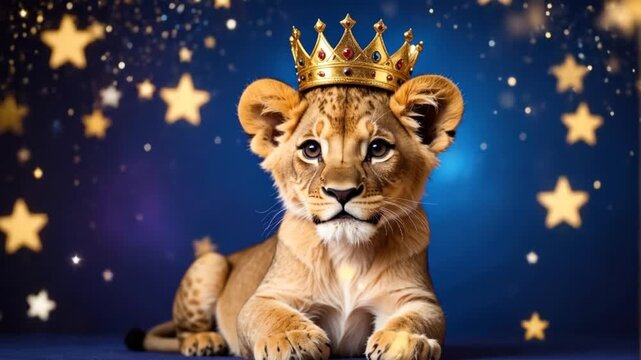 A young lion cub, wearing a golden crown, rests on a deep blue surface, with a starry background