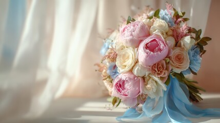 Romantic wedding bouquet with peonies, roses, and silk ribbons in soft sunlight, ideal for wedding websites and video backgrounds

