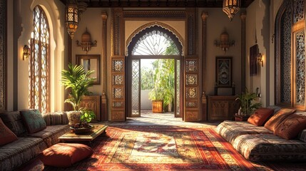Serene Moroccan Interior: Sunlit Room with Intricate Details