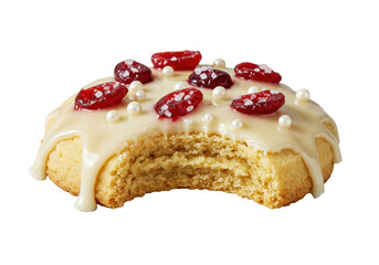 Ultra-high resolution macro of a gourmet Christmas shortbread cookie with bite taken, vanilla glaze, red cranberries, sugar pearls on transparent, dramatic studio lighting; concept of festive