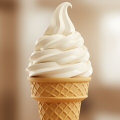 Delicious vanilla soft serve ice cream cone, a sweet and refreshing treat, perfect for a hot day, with a creamy and smooth texture, on blurry background