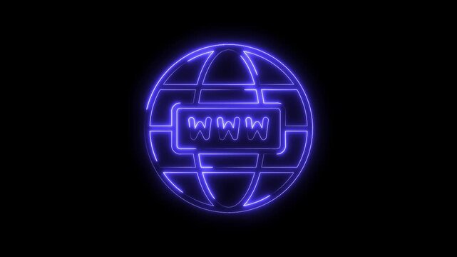 Glowing world wide web icon animated on black background for digital technology