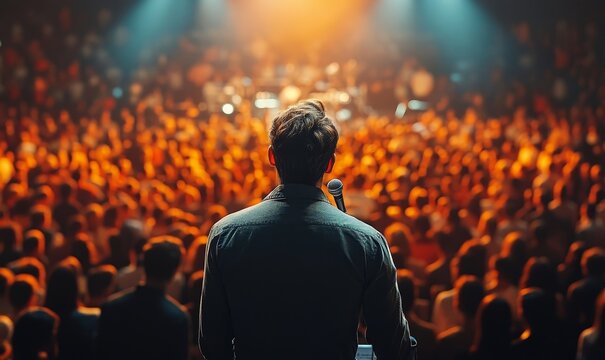 Preacher delivering a sermon with an audience in a megachurch, symbolizing faith, spirituality, and religious leadership. The image captures the power of public speech and the influence, Generative AI