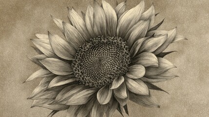 Detailed grayscale sunflower on textured paper