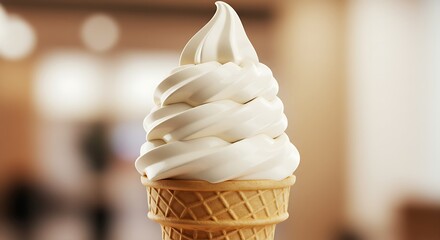 Creamy vanilla soft serve ice cream cone, a delightful and simple dessert, perfect for a hot day, with a smooth and refreshing taste, on blurry background