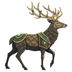 An intricately decorated stag wearing ornate armor and jewelry.