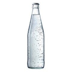 Realistic tall clear glass bottle filled with sparkling liquid and smooth reflective surface
