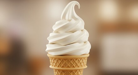 Classic vanilla soft serve ice cream cone, a timeless and satisfying dessert, perfect for a hot day, with a creamy and smooth texture, on blurry background