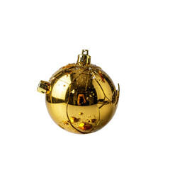 Opulent gold christmas bauble shattering into razor-sharp fragments suspended mid-motion, isolated on transparent with festive bokeh reflections. Concept of fragile opulence