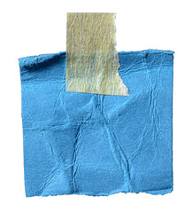 Blue cut out torn piece of crumpled paper note with rough texture edges and adhesive sticky tape with copy space for text, transparent png background design element