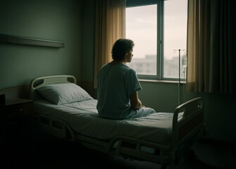 Somber hospital scene of a patient sitting alone on bed, gazing out the window with contemplative mood, capturing solitude and vulnerability in clinical environment.