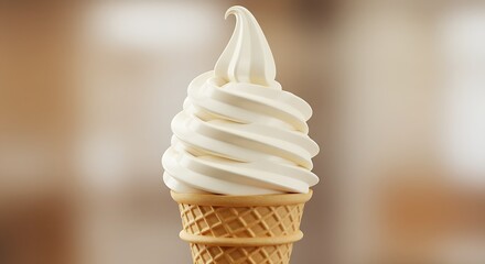 Close up of a delicious vanilla soft serve ice cream cone with a swirl on top against a blurred background isolated on white background